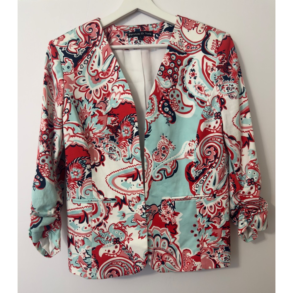 Preston & York Paisley Open Front Blazer Womens 12 Ruched 3/4 Sleeve Boho Career